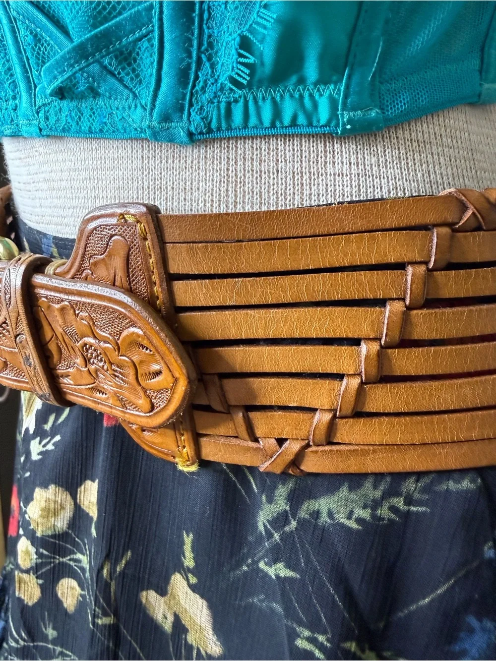 Ralph Lauren Americana Tooled Leather Wide Woven Leather Belt Sz Medium